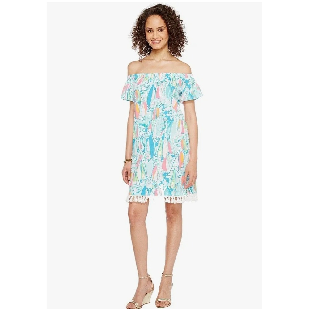 Lilly Pulitzer Marble Beach And Bae Sunglow Sailboat Off Shoulder Dress S